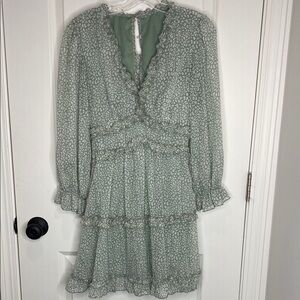 Elegant Green Floral Long Sleeve Dress